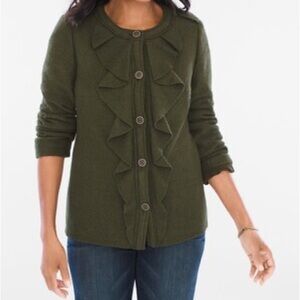 NEW Chico's Boiled Wool Ruffle Jacket-Size 1 or Medium/8-Color: Ambered Olive